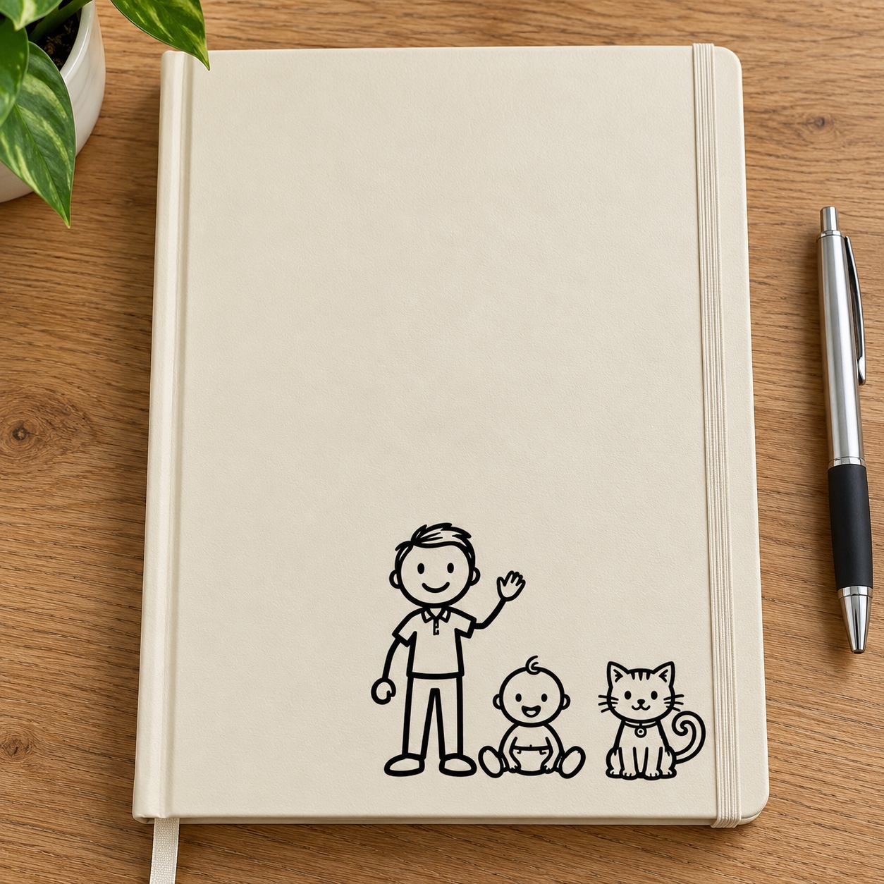 Simulação de aplicação de Adesivo Família - Bebê menino, com personagens proporcionais e adulto de até 11 cm.