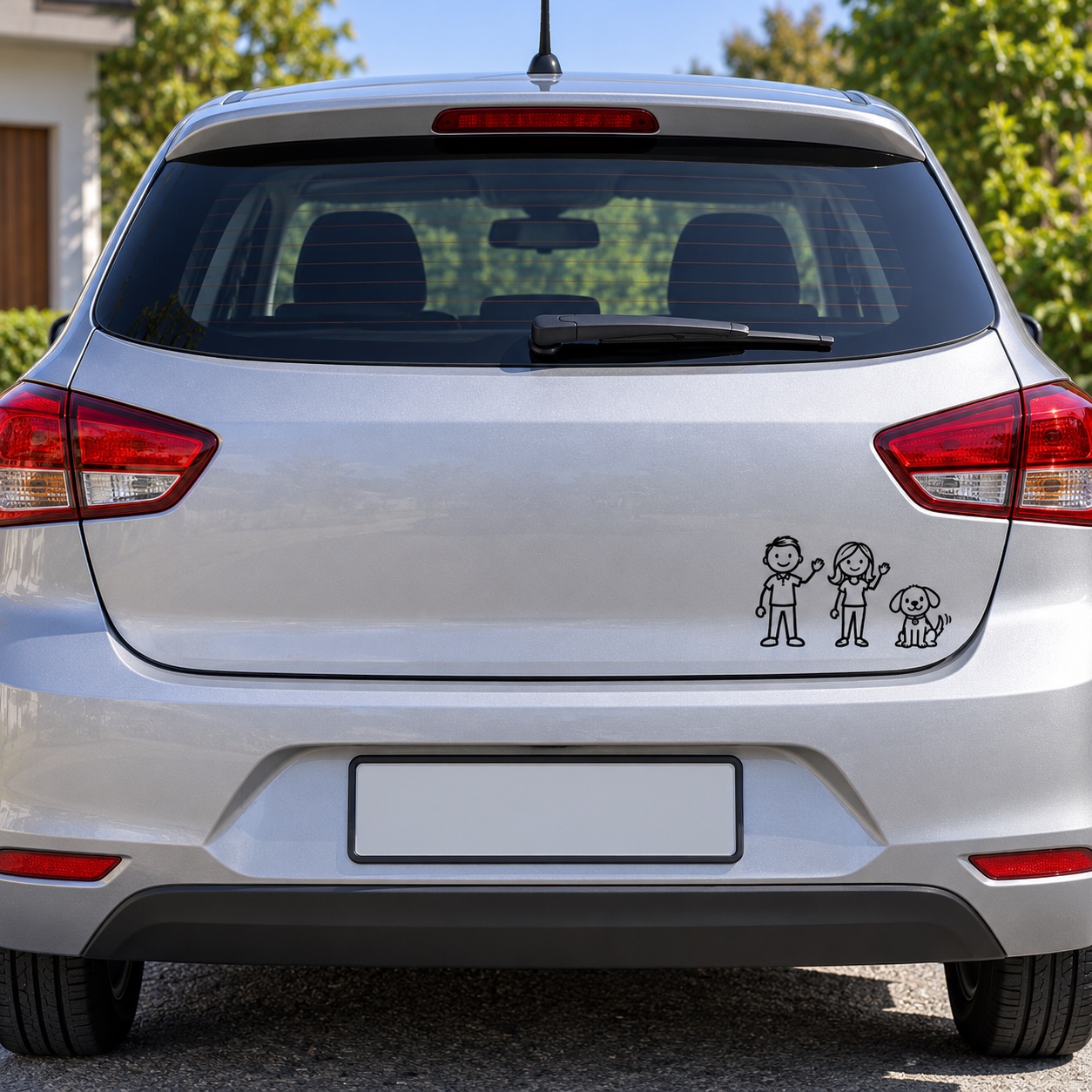 Simulação de aplicação de Adesivo Família - Cachorro, com personagens proporcionais e adulto de até 11 cm.