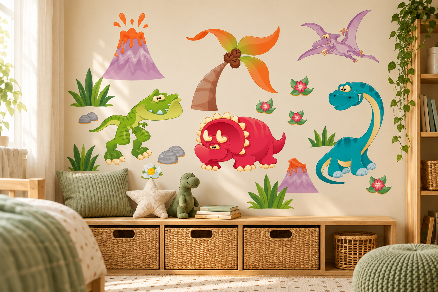 Quarto infantil com adesivos de dinossauros coloridos aplicados na parede.