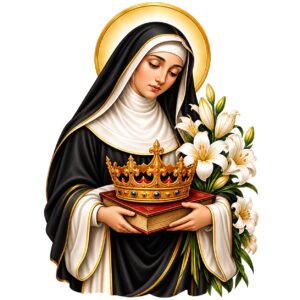 Santa Edwiges com véu preto, auréola dourada, coroa sobre um livro e lírios brancos.