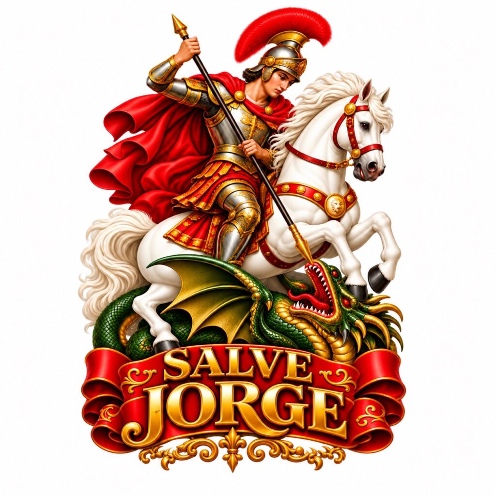 São Jorge colorido a cavalo sobre o dragão, com a frase Salve Jorge, arte completa.