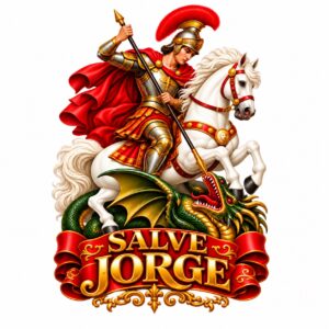 São Jorge colorido a cavalo sobre o dragão, com a frase Salve Jorge, arte completa.